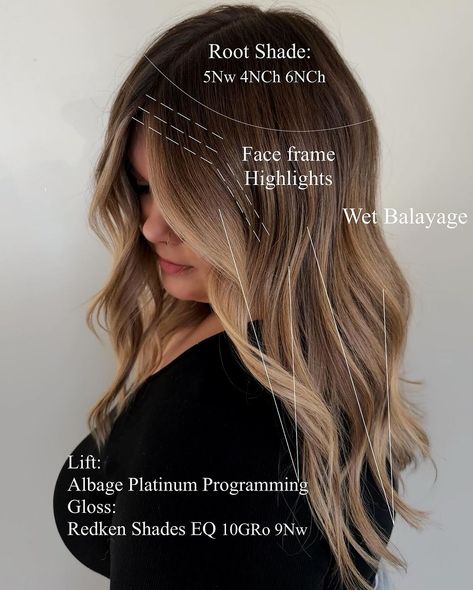 Perfect for the Brunettes & Brondes Baddies in your chair 💃🏼💁🏻‍♀️ . Here’s the breakdown ✖️ Faceframe highlights: first foil is weaved NO … | Instagram Faceframe Highlights Brunette, Brunette Foils, Sunkissed Balayage Brunettes, Face Framing Foils, Faceframe Highlights, Wet Balayage, Face Frame Highlights, Lived In Color, Redken Shades