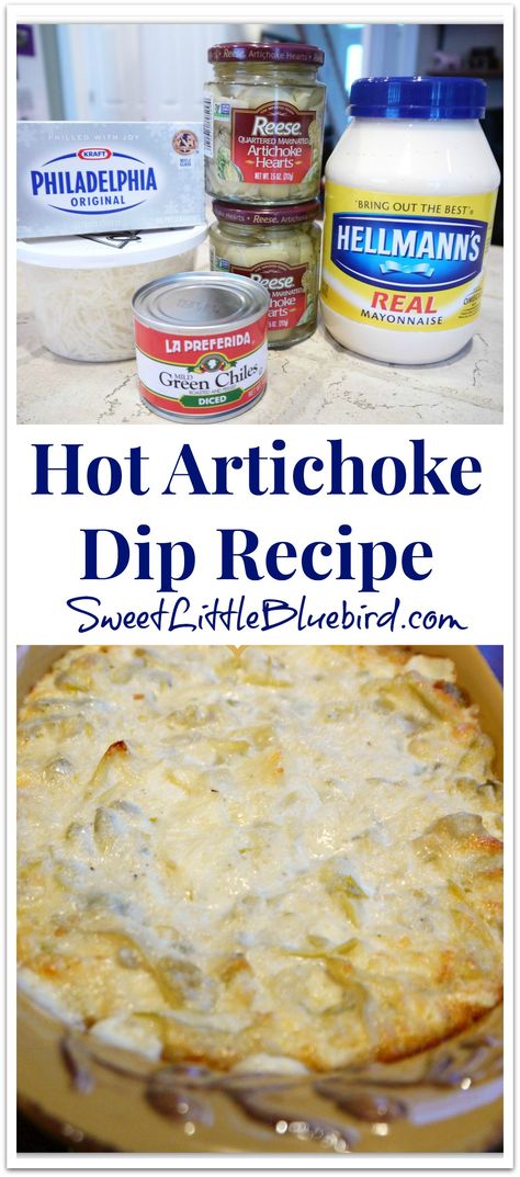 Hot Artichoke Dip Recipe {with diced green chiles} The best!!! | SweetLittleBluebird.com Hot Artichoke Dip Recipe, Hot Artichoke Dip, 5 Ingredients Or Less, Awesome Appetizers, Artichoke Dip Recipe, Diy Easy Recipes, Green Chiles, Artichoke Dip, Yummy Dips