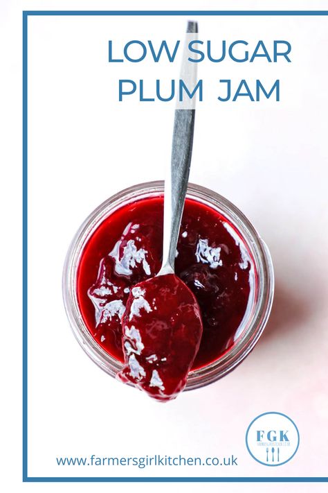 Low Sugar Plum Jam is a fresh and fruity spread that is ideal to serve with bread, scones or toast. It uses much less sugar than traditional jam and is quick and easy to make. This small batch Plum Jam recipe is great for anyone who enjoys jam but wants to reduce the amount of sugar in their diet. #low #sugar #plum #jam #recipe Low Sugar Plum Jam Recipe, Sugar Plum Jam, Scottish Farmhouse, Plum Jam Recipe, Plum Dessert, Pectin Recipes, Scotch Pancakes, Plum Jam Recipes, Low Sugar Jam