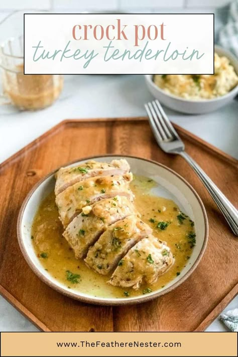 Enjoy the classic big flavors of turkey that you love, but with the convenience of cooking only the most juicy and tender part of the turkey - the tenderloin! This easy crock pot turkey tenderloin recipe is an ideal alternative to turkey breast for a small Thanksgiving gathering or family dinner any time. Simply add tenderloins in the slow cooker with an aromatic marinade, and in just a few hours you'll be ready to serve a centerpiece-worthy dish for any occasion. - The Feathered Nester Turkey Tenderloin Recipes Oven Crock Pot, Turkey Tenderloin Slow Cooker, Crock Pot Turkey Tenderloin Recipes, Wild Turkey Breast Recipes Slow Cooker, Turkey Tenderloins In Crockpot, Marinated Turkey Tenderloin Recipes, Turkey Tenderloin Crockpot Recipes, Turkey Loin Crockpot, Turkey Loin Recipes Crockpot