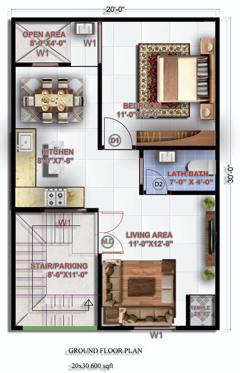 "Unlock the perfect blend of comfort and efficiency with this expertly designed 600 sq ft, 20x30 feet house plan! Ideal for small families or urban living, this plan maximizes every inch of space to offer a cozy bedroom, spacious living area, and functional kitchen. Don't wait to start your dream home project—download your ready-made PDF now from houseplanfiles.com and bring this vision to life!" This hook emphasizes the value of the plan, the convenience of having a ready-made PDF, and the ... 20 By 30 House Plans Home, 20 30 House Plan, 20×40 House Plan, 20 X 30 Floor Plan Layout, 20×30 House Plan, 600 Sq Ft House Plans, Plot Design, Ground Floor House, Smart House Plans