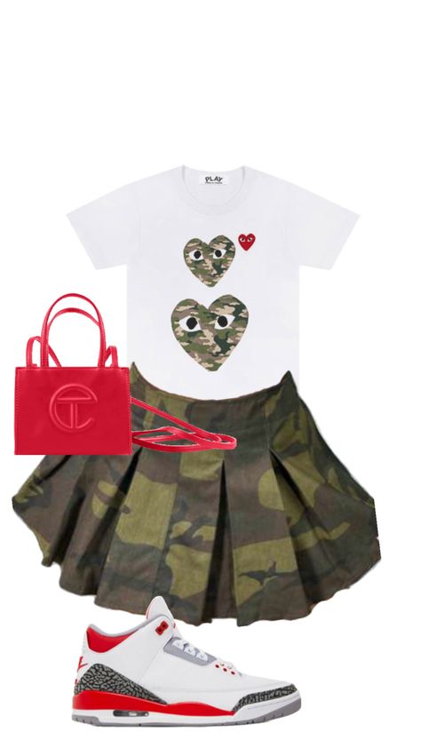 Comme des Garçons PLAY Camouflage Double Heart T-Shirt $142...       red telfar$150    Fire red retro 3 air Jordan’s $249 Red Jordan 3 Outfit, Jordan 3 Fire Red Outfit, Fire Red Outfit, Jordan 3 Outfit, Red Jordans, Retro 3, Fly Outfit, Red Retro, Air Jordan 3 Retro