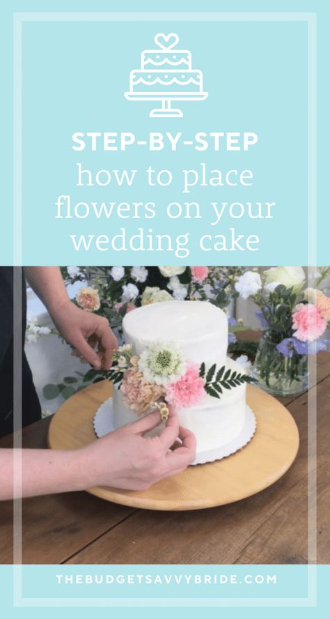 Learn how to add your own floral accents to your wedding cake in this simple DIY flower tutorial from Bloom Culture Flowers! Fake Flowers On Wedding Cake, Wedding Cake On Tiered Stand, Artificial Flower Cake Decoration, Diy Wedding Cake Flowers, Wedding Cake With Fake Flowers, How To Add Flowers To A Cake, Decorate Cake With Flowers, Diy Cake Flowers, How To Put Real Flowers On Cake