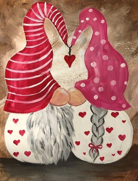 Gnome Painting, Gnome Paint, Gnome Pictures, Gnomes Diy, Valentines Art, Diy Gnomes, Canvas Painting Diy, Gnomes Crafts, Rock Painting Designs