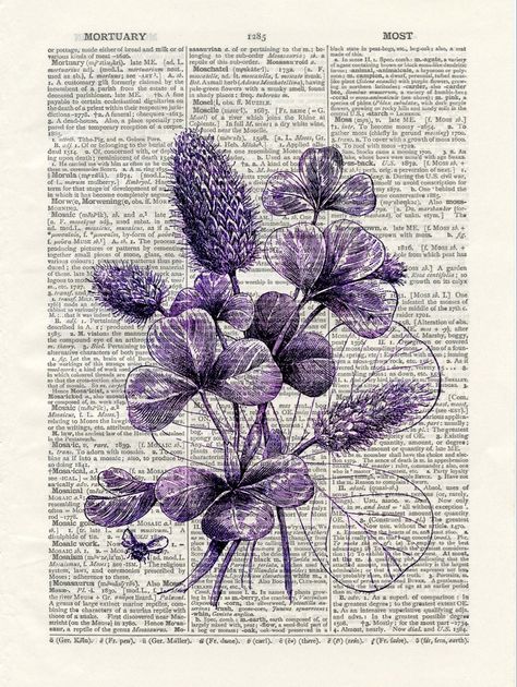 Drawings On Books Pages, Purple Vintage Poster, Purple Poster Prints, Purple Posters, Purple Poster, Purple Clover, Flower Home Decor, Newspaper Art, Book Page Art