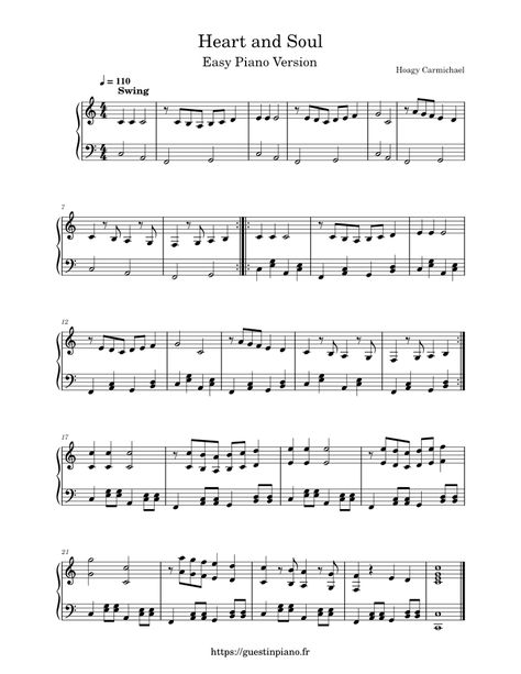 Download and print in PDF or MIDI free sheet music for Heart And Soul by Hoagy Carmichael arranged by GuestinPiano for Piano (Solo) Heart And Soul Piano, Piano Sheet Music Easy, Piano Sheet Music Beginners, Popular Piano Sheet Music, Free Violin Sheet Music, Piano Sheet Music Letters, Sheet Music Easy, Music Printables, Free Printable Sheet Music