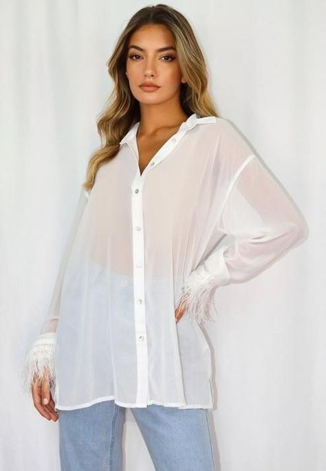 Feather Cuff, Tops For Ladies, Button Outfit, Shirt Cuff, Sheer Shirt, Gym Tops, Oversized Style, White Shirts, Shirt Button