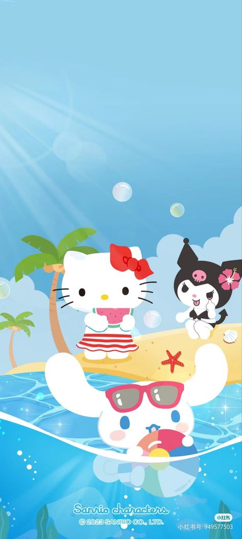 Sanrio Beach Wallpaper, Kuromi Summer Wallpaper, Summer Sanrio Wallpaper, Hello Kitty Summer Wallpaper Iphone, Hello Kitty Beach Wallpaper, Kuromi Summer, Summer Sanrio, Sanrio Summer, 4th Of July Wallpaper