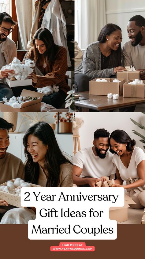 A happy couple celebrating their 2-year anniversary, unboxing thoughtful gifts together. The scene captures the joy and love shared as they explore personalized keepsakes and cotton-themed presents, symbolizing their special milestone. 2 Year Anniversary Ideas, Gift Ideas For Married Couples, 2 Year Anniversary Gifts For Him, Year Anniversary Gift Ideas, Ideas For Married Couples, Second Year Anniversary Gift, 2 Year Anniversary Gift, Traditional Anniversary Gifts, Second Anniversary Gift