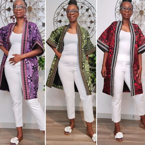 #Adiré jacket with aso-oke trim. Only @basiksimplicity. #adirestyles #kimono #kitenge #ankarajacketforladies #ankarafashion #batik #batikmodern Tie Dye Kimono, Knee Length Jacket, Aso Oke, Duster Jacket, Kitenge, Batik Fabric, Ankara Styles, Kimono Jacket, Simple Elegance