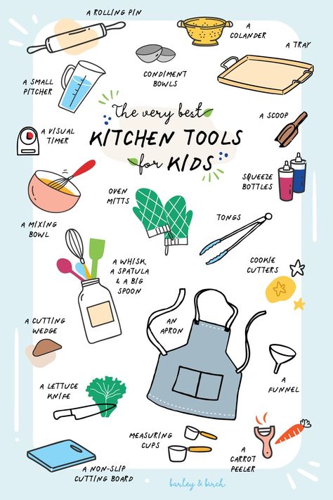 A huge collection of our very favorite kitchen learning tools and activities for kids! | via barley & birch #kidscooking #kidskitchen #diykids #kidsrecipes #montessori Kitchen Hygiene, Tools For Kids, Kitchen Safety, Kids Cooking Recipes, Practical Kitchen, Kitchen Skills, Kids Cooking, Cooking Classes For Kids, Skill Development