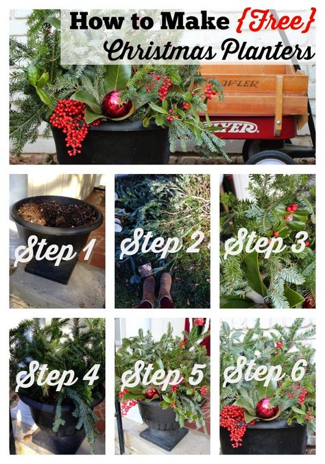 How to Make Free Christmas Planters Tutorial - Southern State of Mind Blog by Heather Simple Christmas Planters Outdoor, Easy Christmas Planters, How To Make Outdoor Christmas Planters, Christmas Porch Pots Planters Diy, Winter Topiary Outdoor, Diy Holiday Planters Outdoor, Large Outdoor Christmas Planter Ideas, Diy Christmas Urns Outdoor, Diy Outdoor Christmas Planter Ideas