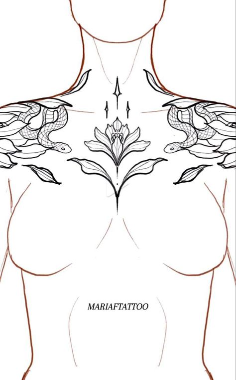 Women Body Tattoo Ideas, Back Tattoo Full Women, Dimension 20 Tattoo Ideas, Rist Tattoo Ideas, Lightning Chest Tattoo Female, Woman With Tattoos Drawing, Floral Chest Tattoo Design, Unusual Tattoos For Women Unique, Back To Hip Tattoos Women