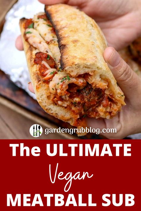 Showing the ultimate vegan meatball sub up close Recipes With Impossible Meat, Vegan Meatball Sandwich, Plant Based Meat Substitute Recipes, Impossible Meat Recipes, Vegetarian Substitutes For Meat, Home Made Meatball Subs, Vegan Meatballs Beyond Meat, Vegan Meatball Sub, Vegan Subs