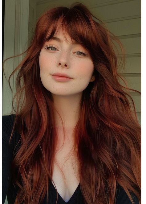 Auburn Hair With Bangs, Long Hair Baby Bangs, Baby Bangs Round Face, Short Bangs Long Hair, Bangs Round Face, Long Auburn Hair, Bangs Long Hair, Hair Color Mahogany, Mahogany Hair