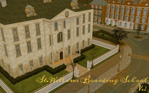 Southern Simlish — St. Willows Boarding School (V2) Home to the... Sims 4 Private School, Sims 4 Boarding School, Bloxburg Boarding School, Sims Victorian, Sims 4 School, Bloxburg School, Mansion Plans, Victorian Mansion, Play Sims 4