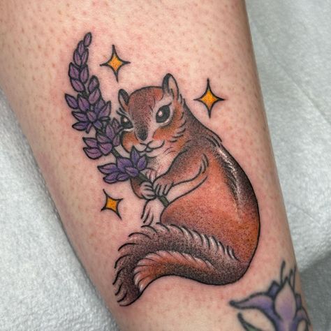 chipmunk with lupine for heather! ❤️thank you so so much for all your trust and fun ideas! 💖 made with love @tenderhearttattoo… | Instagram Chipmunk Tattoo, American Traditional Squirrel Tattoo, Chipmunk Tattoo Ideas, Traditional Squirrel Tattoo, Squirrel Tattoo Sleeve, Tatoos Small Squirrel, Neo Traditional Squirrel Tattoo, General Tattoo, Squirrel Tattoo