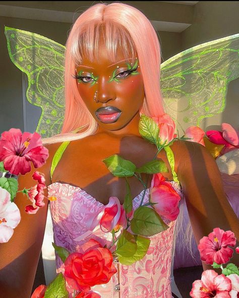 Black Women Fairy Costume, Colourful Halloween Costumes, Fairy Halloween Costumes Black Women, Baddie Fairy Costume, Pink Fairy Hair, Rose Fairy Costume, Fae Outfit Aesthetic, Fairy Costume Black Women, Corset Fairy Costume