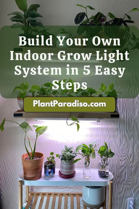 Build Your Own Indoor Grow Light System in 5 Easy Steps Diy Plant Grow Light, Diy Plant Stand With Grow Light, Plant Shelves With Grow Lights, Grow Light Set Up, Indoor Grow Light Ideas, Grow Light Ideas, Grow Lights Diy, Grow Light Stand, Indoor Grow Lights