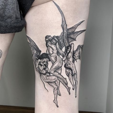 Las Furias from Gustave Doré on Alexandra. Thank you for making the trip 💫 #tttism #blkttt #darkartists #linework #blacktattoo #blackwork… Black Linework Tattoo, Gustave Dore Tattoo, Illustrative Blackwork Tattoo, Blackwork Back Tattoo, Woodcut Tattoo, Engraving Tattoo, Occult Tattoo, B Tattoo, Line Work Tattoo