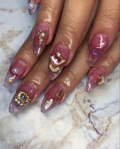 Winx Club Nails Designs, Anime Baddie, Sailor Moon Nails, Butter Fingers, Faux Nails, Asian Nails, Moon Nails, Rave Makeup, Almond Shape Nails