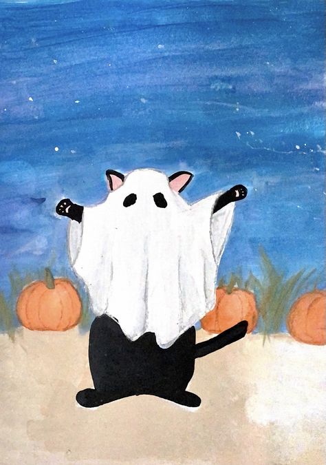 Cartoon Halloween Painting Ideas, Black Cat Wallpaper Halloween, Halloween Cat Painting Easy, Spooky Aesthetic Painting, Autumn Aesthetic Painting Easy, Cute Witch Painting, Black Cat Ghost Tattoo, Cat In Ghost Costume Drawing, Cute Paintings Halloween