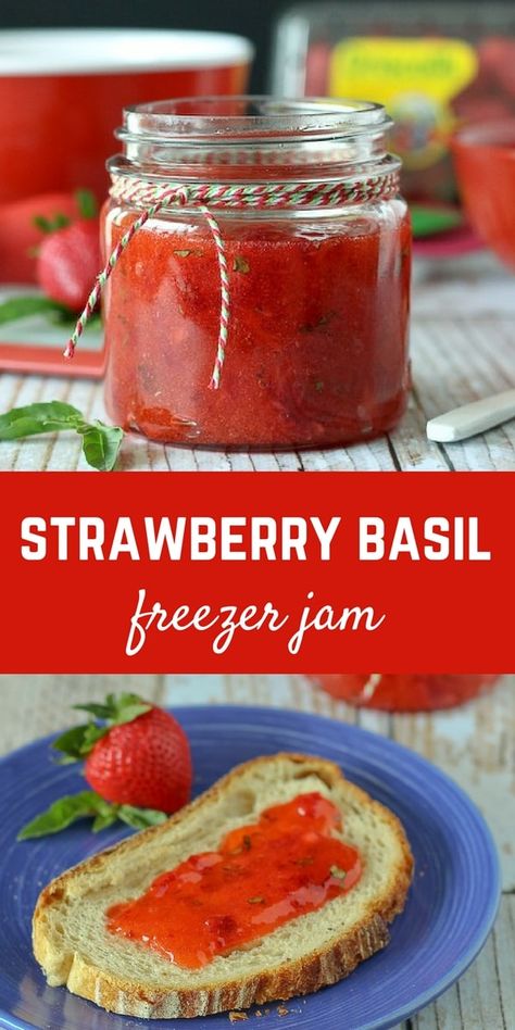 Strawberry Freezer Jam Recipe, Strawberry Basil Jam, Rhubarb Freezer Jam, Easy Strawberry Jam, Bread Spread, Strawberry Freezer Jam, Canning Equipment, Freezer Jam Recipes, Strawberry Rhubarb Jam