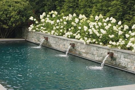 Pool With Wall Feature, Raised Wall Pool, Water Features Pool, Cottage Garden With Pool, Pools With Retaining Wall, Pool With Hydrangeas, Hardscaping Around Pool, Pool Next To Wall, Pool Landscaping With Retaining Wall