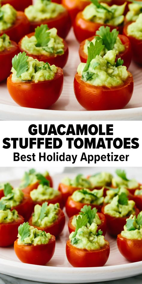 Stuffed Tomato Appetizers, Non Dairy Appetizers Easy, Stuffed Tomatoes Recipes Cold, Stuffed Tomatoes Appetizer, Stuffed Cherry Tomatoes Appetizers, Veggie Appetizer Recipes, Vegan Finger Food Appetizers, Grinch Guacamole Dip, Veggie Appetizers Christmas