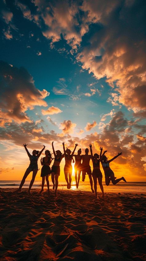 Joyful Sunset Celebration: A group of silhouetted friends celebrates joyfully on the beach against a breathtaking sunset backdrop. #sunset #beach #friends #celebration #silhouette #aiart #aiphoto #stockcake ⬇️ Download and 📝 Prompt 👉 https://stockcake.com/i/joyful-sunset-celebration_748869_761001 Beach Group Photos, Group Beach Poses, Friend Groups Aesthetic, Group Friends Photos, Beach Poses Friends Group, Group Of Friends Photography, Friends Pictures Group, Beach Group Photo, Group Photo Poses Friends