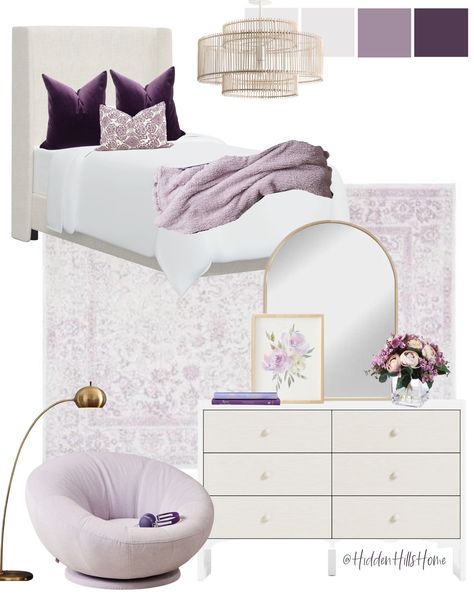 Lavender Purple Bedroom, Purple Bedroom Design Lavender, White Gold And Purple Bedroom, Purple Teenage Room, Girls Bedroom Ideas Lavender, Cream And Lavender Bedroom, Lilac And Gold Bedroom, Lavender Teenage Girl Bedroom, Purple Pillows Bedroom