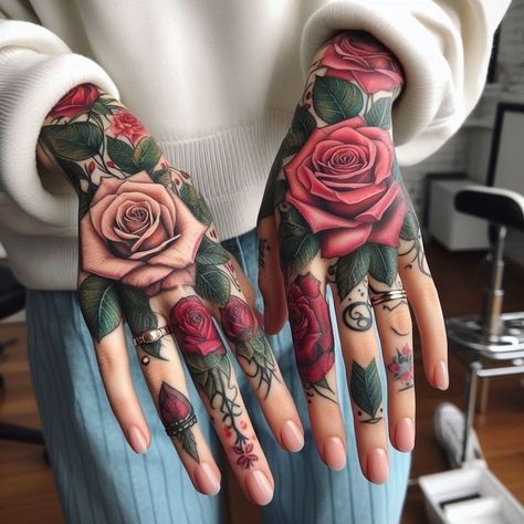 Tattoo Of Roses, Women Hand Tattoos Ideas, Unique Rose Tattoo, Best Female Tattoos, Intertwined Hands, Hand Tattoo Cover Up, Tattoos On Hand, Full Hand Tattoo, Holding Each Other