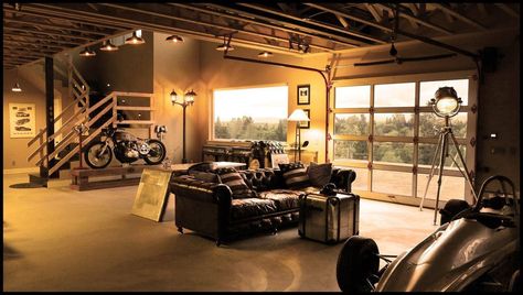 living room garage with leather furniture Officine In Garage, Plan Garage, Man Garage, Garage Loft, Garage Renovation, Cool Garages, Garage Remodel, Man Cave Home Bar, Motorcycle Garage