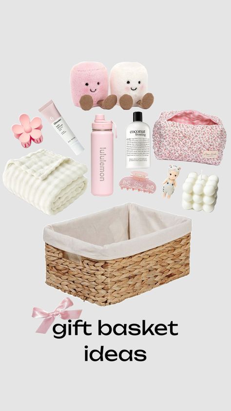 gift basket inspo ౨ৎ #giftbasket #shuffleinspo #aestehthic #shufflefyp #pinterest #pink #fyp But Basket, Gift Baskets For Best Friend, Spring Basket Ideas, Bur Basket Ideas, Pink Basket Gift Ideas, Bae Basket, Pink Gift Basket Ideas, Bur Basket, Pink Gift Basket