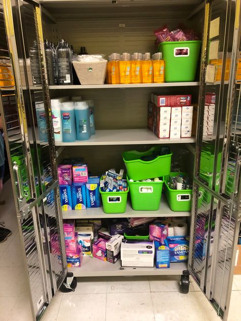 Many Students Lack Access To Basic Necessities School Care Closet, School Nurse Organization Ideas, Care Closet For School, School Nurse Self Care Station, School Nurse Organization, School Nurse Medication Storage, Classroom Hygiene Station, Teachers Emergency Stash, High School Bathroom Policy