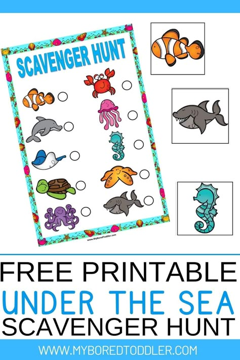 Under The Sea Projects For Preschoolers, Kindergarten Under The Sea Theme, Under The Sea Toddler Games, Aquarium Dramatic Play Preschool, Aquarium Activities Preschool, Aquarium Scavenger Hunt Printable Free, Ocean Preschool Activities Crafts, Under The Sea Scavenger Hunt, Ocean Animal Worksheets Preschool