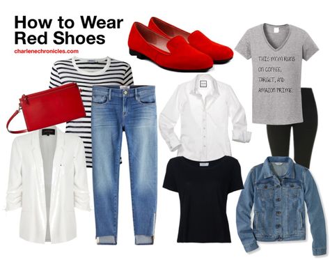 What to Wear with Red Shoes - Charlene Chronicles Red Flats Outfit, Red Shoes Outfit, Red Shoes Flats, Red Loafers, Shoes Jeans, Loafers Outfit, Clothes And Shoes, Wear Red, Red Outfit