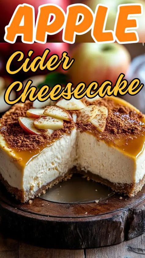 Apple Cider Cheesecake Recipe, Fall Cheesecake Flavors, Apple Cider Cheesecake, Cider Desserts, Apple Cider Desserts, Fall Cheesecake Recipes, Fall Cheesecake, Baked Caramel Apples, Cheesecake Pies