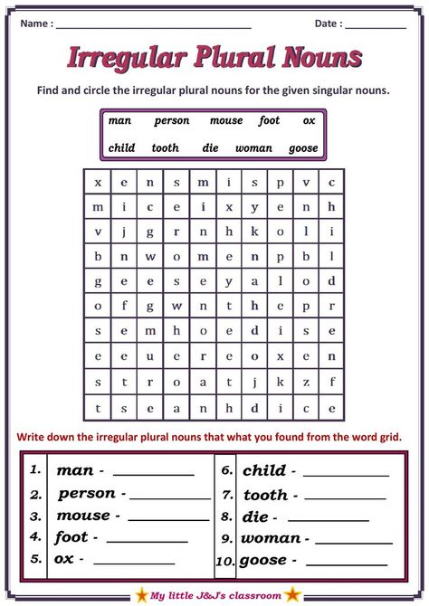 English grammar wroksheet for irregular plural nouns-primary grade children-make impressive way to learn easy. Irregular Plurals Worksheet, Irregular Nouns Worksheets, Irregular Plural Nouns Activities, Irregular Plural Nouns Worksheet, Nouns For Kids, Plural Nouns Activities, Nouns Exercises, Grade 3 English, Irregular Nouns