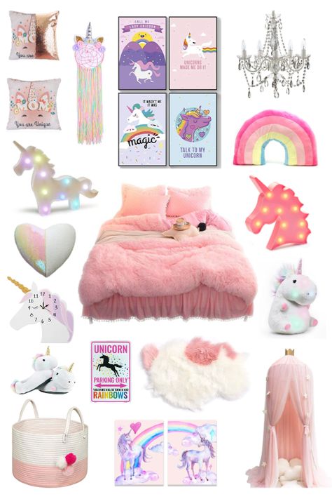 Unicorn Bedroom Decor! #Unicorn #Unicorndecor #kidsbedroomideas Unicorn Bedroom Paint Ideas, Diy Unicorn Bedroom Decor, Unicorn Room Ideas Bedrooms, Unicorn Wall Decor Girl Rooms, Unicorn Decorations Room Decor, Unicorn Toddler Bedroom, Unicorn Girls Bedroom Room Ideas, Princess Unicorn Bedroom, Unicorn Room Decor Kids Girls Bedroom