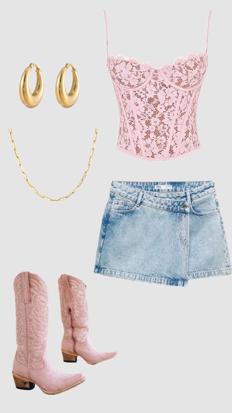 Zach Bryan Concert Outfit Aesthetic, Nashville Outfit Inspo Spring, Zach Bryan Outfit Ideas, Zach Brown Band Concert Outfit, Zach Bryan Concert Fits, Zara Mini Denim Skirt, Outfits For Zach Bryan Concert, Pink Country Concert Outfit, Concert Pink Outfit