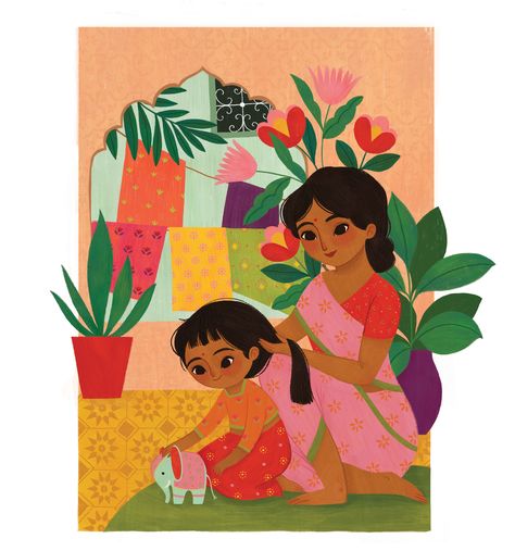 Mother & Daughter on Behance Mother And Daughter Drawing, Mothers Day Drawings, Mother Daughter Art, Mother Painting, Indian Illustration, Indian Folk Art, Madhubani Painting, Indian Art Paintings, Nature Art Painting