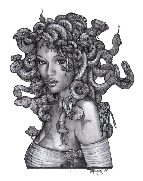 Black Madusa   These snakes actually represent her locks, she originally carried the snakes in a pouch that was said to represent wisdom. She was the African Goddess of Wisdom & defense (very attractive & alluring)  but later depicted as a monster & removed from her original culture. Medusa Drawing, Medusa Tattoo Design, African Tattoo, Medusa Art, African Goddess, Arte Alien, Mythology Tattoos, Medusa Tattoo, Future Tattoos