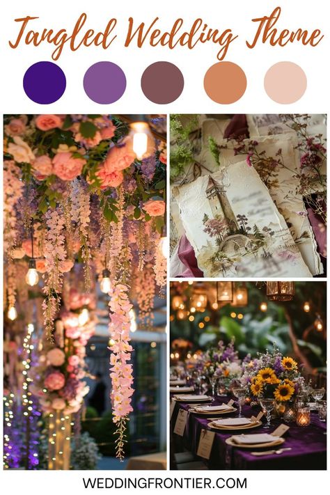 Tangled wedding theme ideas for a fairytale-inspired celebration. Tangled Rapunzel Wedding Theme, Pocahontas Wedding Theme, Subtle Disney Wedding, Tangled Wedding Theme, Tangled Themed Wedding, Tangled Inspired Wedding, Whimsical Invitations, Rapunzel Wedding Theme, Enchanted Wedding Dress