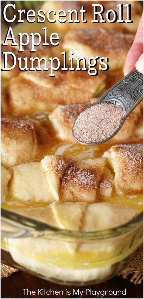 Sprinkling cinnamon sugar on top of unbaked Crescent Roll Apple Dumplings in a baking pan Crescent Roll Apple, Apple Crescent Rolls, Apple Dumplings Recipe, Crescent Roll Recipes Dessert, Crescent Roll Apple Dumplings, Crescent Roll Dessert, Easy Crescent Rolls, Easy Apple Dumplings, Crescent Roll Crust