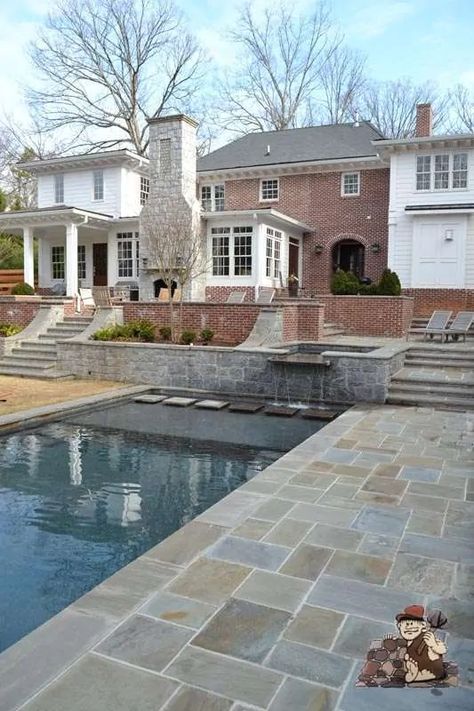 Gallery - Field Stone Center Inc. Cobblestone Pool Deck, Stone Wall Around Pool, Bluestone Pool Deck, Stone Around Pool, Stone Pool Deck, Limestone Patio, Hardscape Ideas, Kidney Shaped Pool, Oval Pool