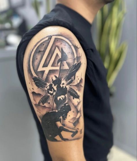 Linkin Park Meteora Tattoo, Rock Tatoos Ideas, Hybrid Theory Tattoo, Linkin Park Logo Tattoo, Music Band Tattoo, Nu Metal Tattoo, Linkin Park Tattoo Ideas, Classic Rock Tattoos, Working Class Tattoo