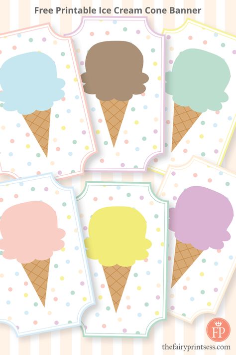 free printable ice cream cone banner in pastel color palette (pink, blue, green, purple, yellow, and light brown) in an easy to download and print PDF file Ice Cream Social Decorations, Printable Ice Cream, Sweets Birthday, Pastel Birthday, Easy Designs, Pastel Color Palette, Ice Cream Social, Kids Birthday Ideas, Music Coloring