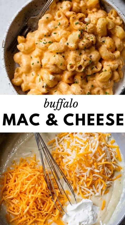 Crave-worthy comfort food doesn’t get much better than this 30-minute Buffalo Mac and Cheese recipe. A little spicy, ultra-creamy, and oh-so-cheesy, it’s a one-skillet dinner that delivers everything you love about classic buffalo chicken dip. Creamy Buffalo Chicken Mac And Cheese, Buffalo Chicken Dip Mac And Cheese, Easy Buffalo Mac And Cheese, Buffalo Mac And Cheese Recipe Baked, Healthy Buffalo Mac And Cheese, Mac And Cheese Recipe Spicy, Crockpot Buffalo Chicken Mac And Cheese, Easy Creamy Mac And Cheese Recipe, Mac Abd Cheese