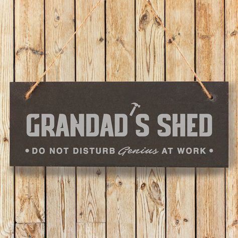 🛠️🚪 Every grandad has his sanctuary, and what better way to honour it than with our Personalised Grandad’s Shed Sign? This 'Do Not Disturb' hanging plaque is the perfect touch to his DIY haven. Whether he's sawing, sanding, or simply escaping for some peace and quiet, this workshop décor adds a special, personalised touch to his space. Surprise him with this thoughtful Father's Day gift that acknowledges his love for craftsmanship and his need for a little 'Grandad time'. 🤫💚 #GrandadsShed #D... Shed Door, Hen Party Favours, Shed Signs, Slate Signs, Shed Doors, Vinyl Gifts, Fathers Day Presents, Textures And Tones, Do Not Disturb